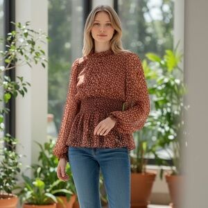 Chic Long Sleeve Floral Dress in Brown size M